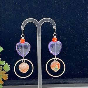 🌟Adorned Crown Jewelry purple glass heart fabric bead earrings